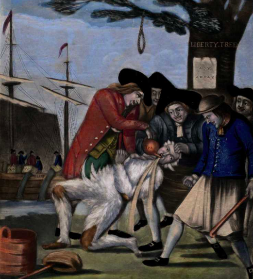 The Bostonian's Paying the Excise-man, or Tarring & Feathering from October 1774 shows the Boston Tea Party in the background, a "Liberty Tree" with a paper "Stamp Act" affixed upside-down, and five unsavory Bostonians forcibly pouring a pot of tea into the mouth of a tarred and feathered tea excise collector. (The Gilder Lehrman Institute, GLC04961.01)