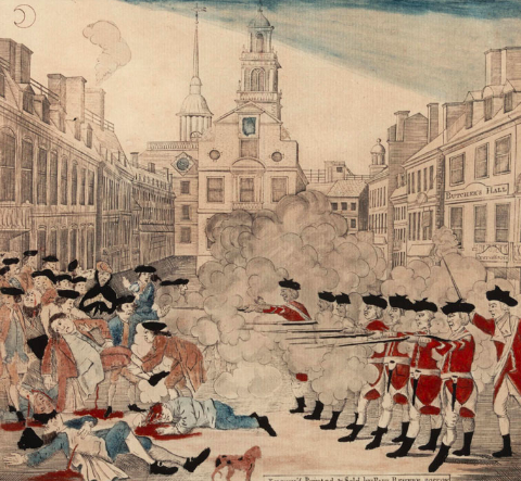 Engraving of the Boston Massacre by Paul Revere, 1770 (Gilder Lehrman Institute, GLC01868)