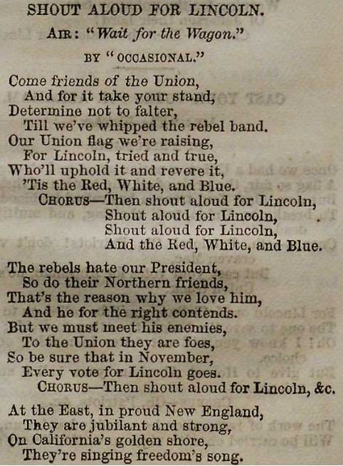 "Shout Aloud for Lincoln" was sung to the familiar folk tune "Wait for the Wagon."