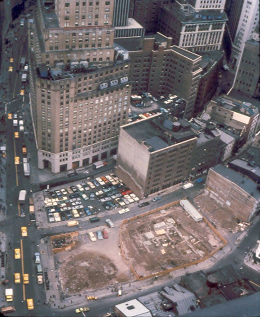 Stadt Huys from above, ca. 1979-1980 (New York City Landmarks Preservation Commission, NYC Archaeological Repository)