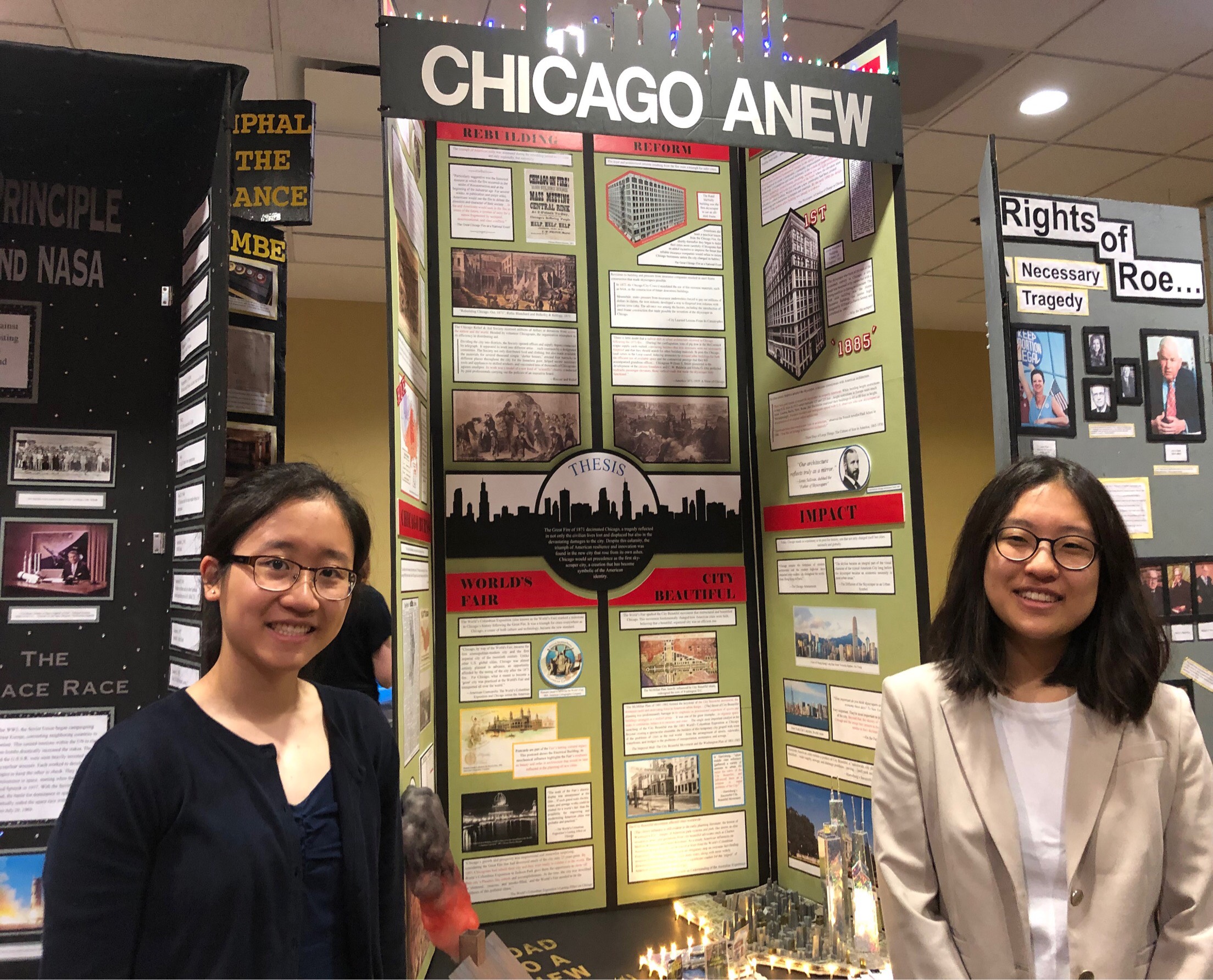 Christy Guan and Hana Kim from Stuyvesant High School, New York, NY with their 1st place project: "Tragedy of the Great Fire and Triumph of Skyscraper City."