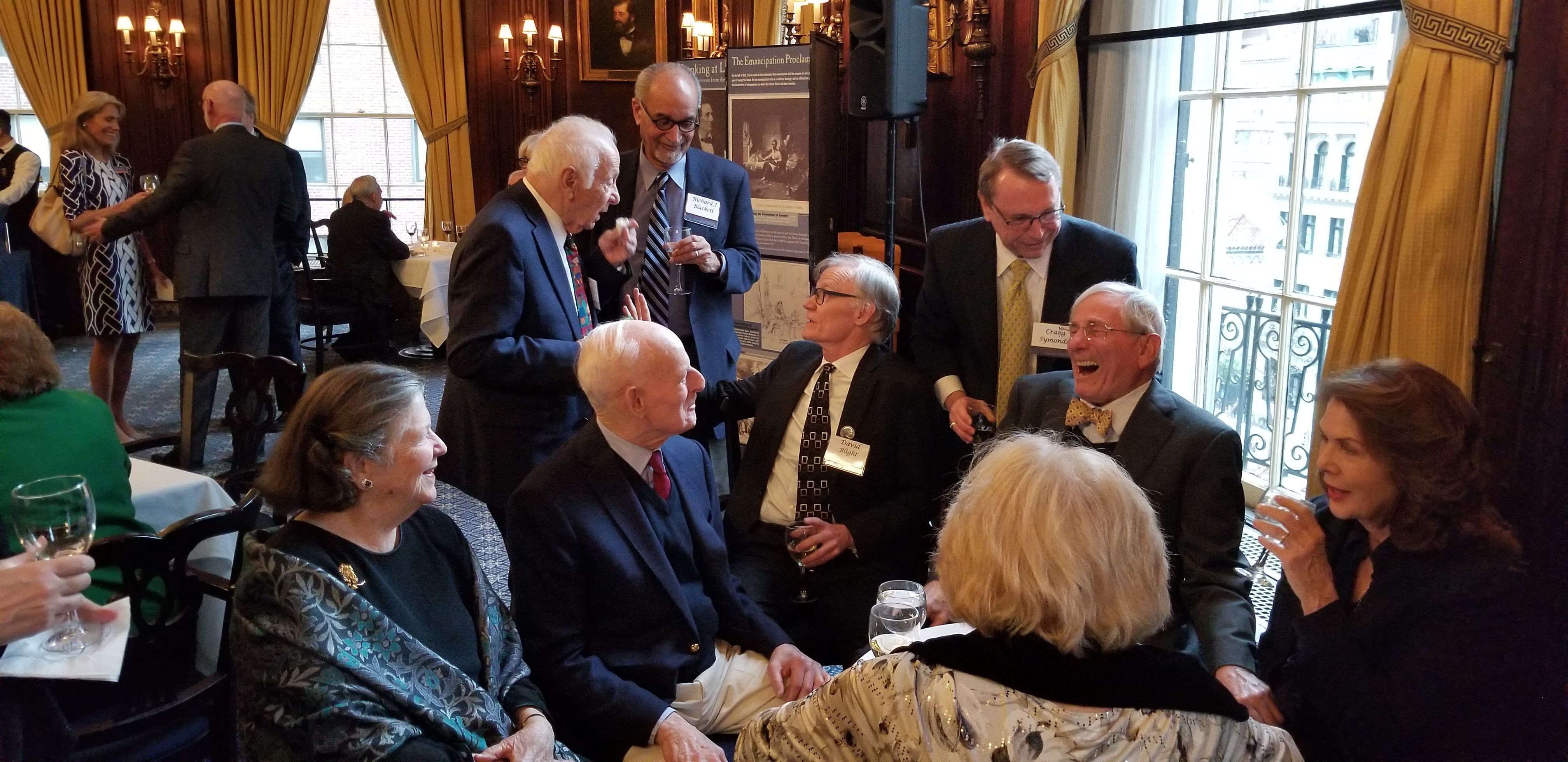 Louise Lehrman, Lewis E. Lehrman, Richard J. M. Blackett, David Blight, Richard Gilder, and Lois Chiles before the 2019 Lincoln Prize ceremony.