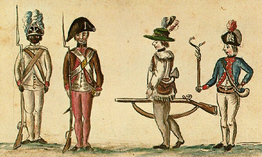 Soldiers at the siege of Yorktown, including an African American soldier of the 1st Rhode Island Regiment, by Jean Baptiste Antoine de Verger, 1781. (Anne S. K. Brown Military Collection, Brown University)