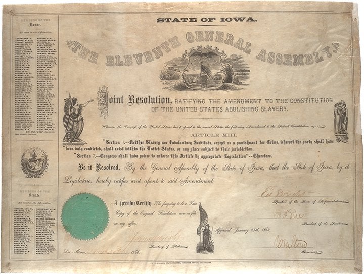 Iowa joint resolution ratifying the Thirteenth Amendment (GLI Collection)