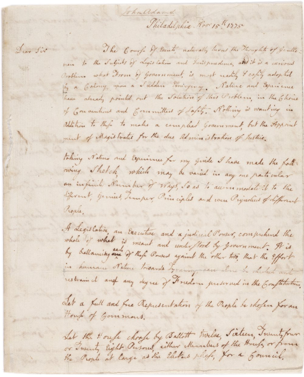 John Adams to Richard Henry Lee, November 15, 1775 (Gilder Lehrman Collection)