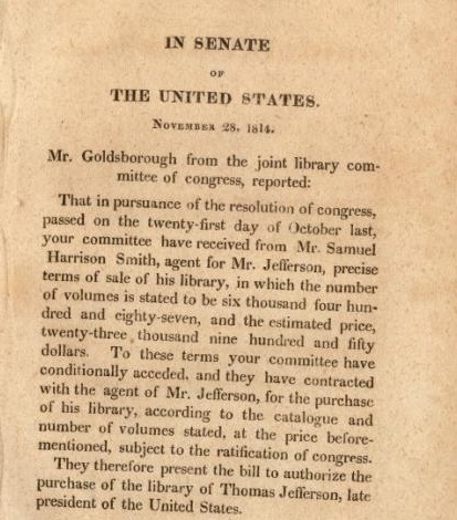 "Report of the Joint Committee authorized to contract for the Library of Mr. Jefferson," Nov. 28, 1814 (Gilder Lehrman Collection).