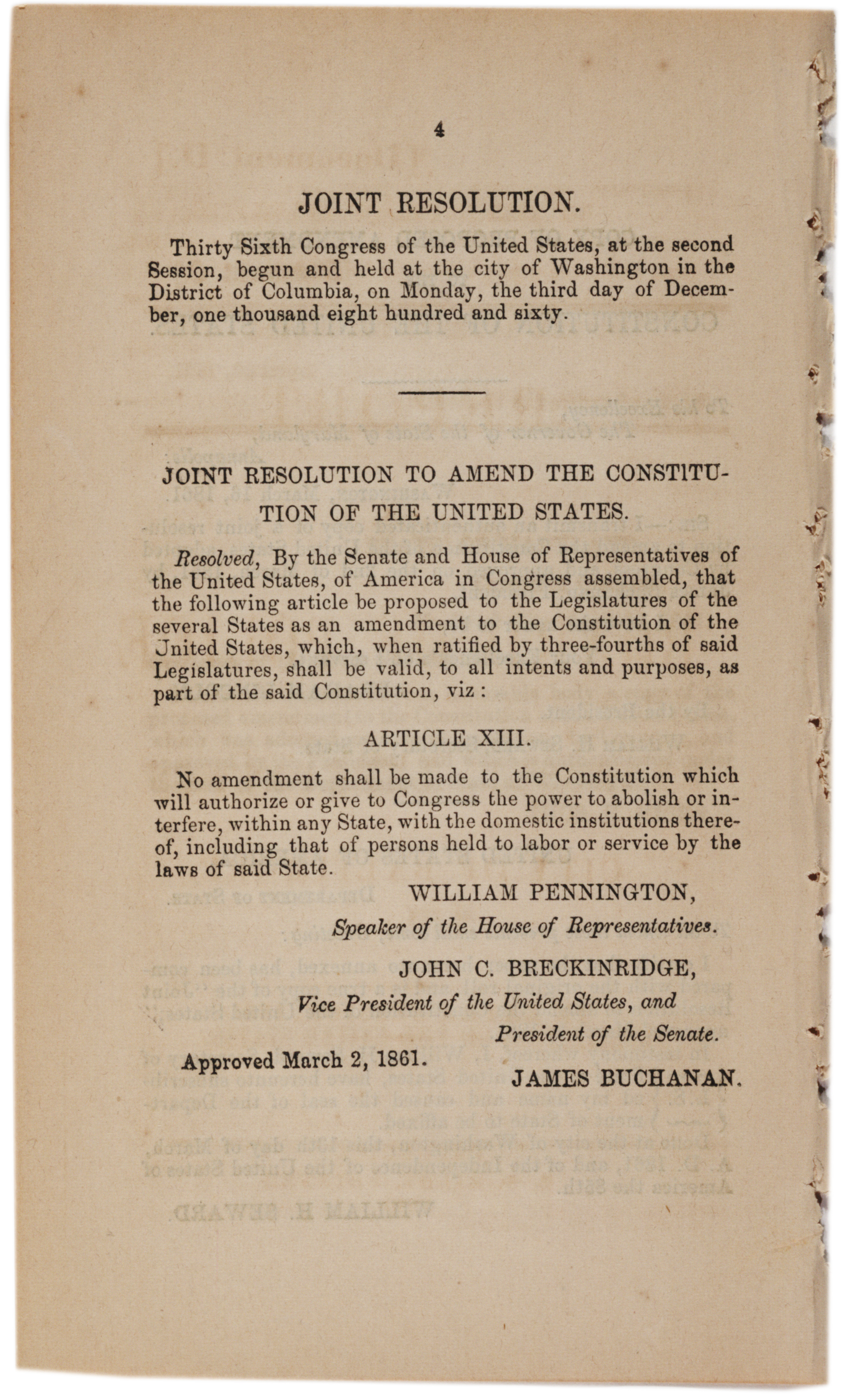 A Proposed Thirteenth Amendment To Prevent Secession 1861