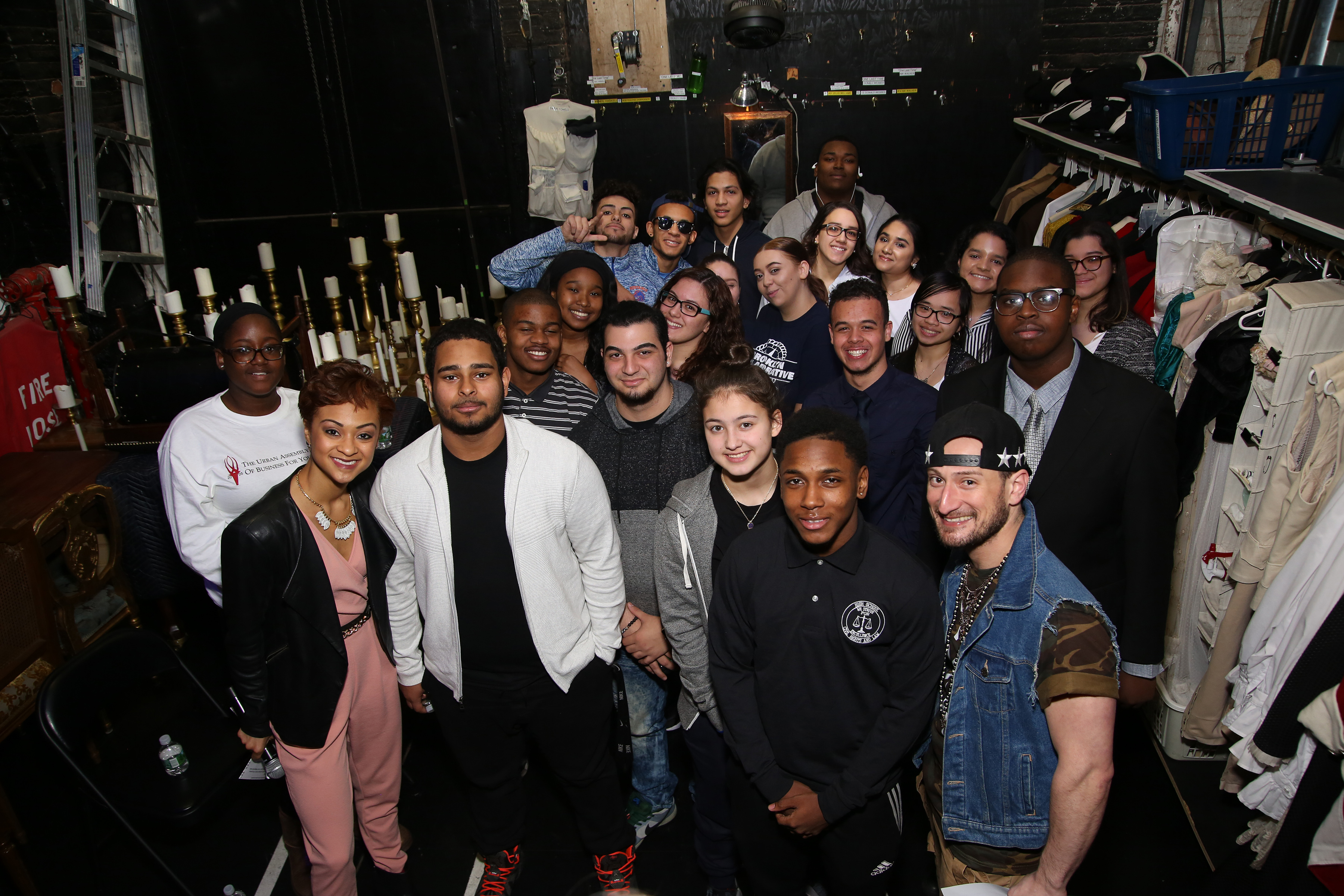 Student performers pose backstage at the Richard Rodgers Theatre, New York