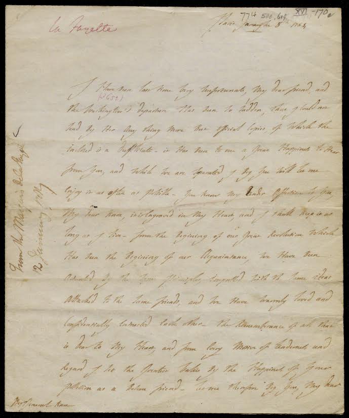 Marquis de Lafayette to Henry Knox, January 8, 1784 (Gilder Lehrman Collection).
