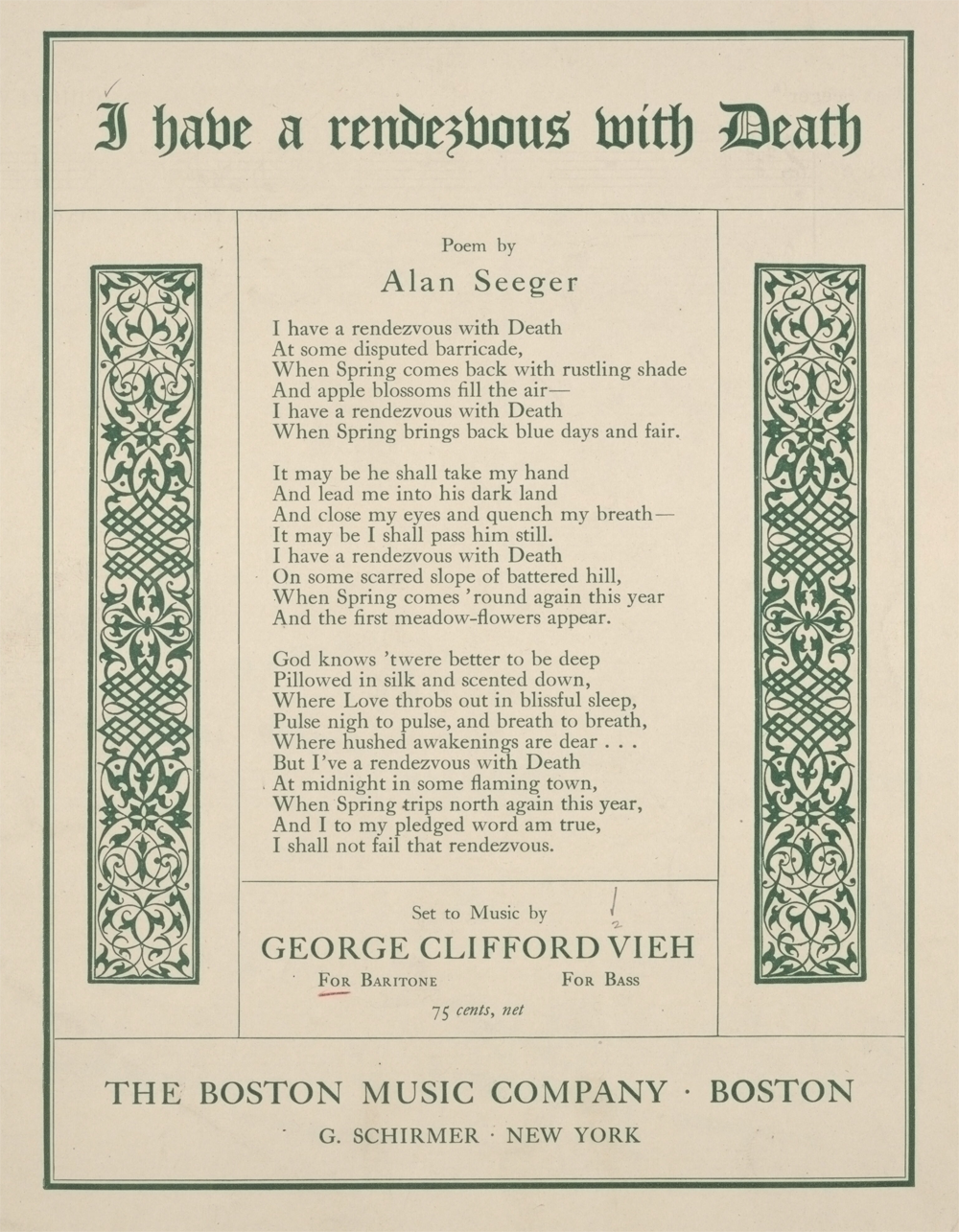 Sheet music for "I Have a Rendezvous with Death,"  George Clifford Vieh, Alan Seeger, 1918. (Library of Congress)