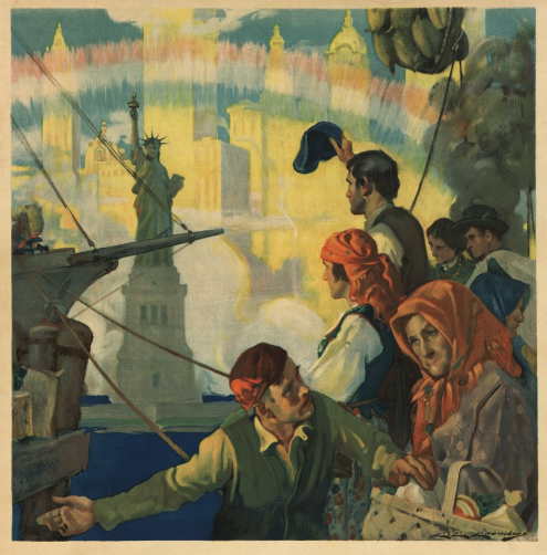 World War I poster showing Statue of Liberty and recent immigrants, published by