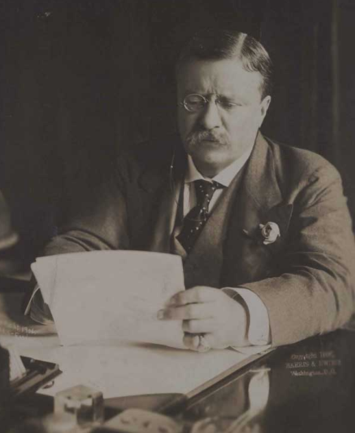 Theodore Roosevelt at his desk, ca. 1907, by Harris and Ewing, Washington, DC (Gilder Lehrman Collection)