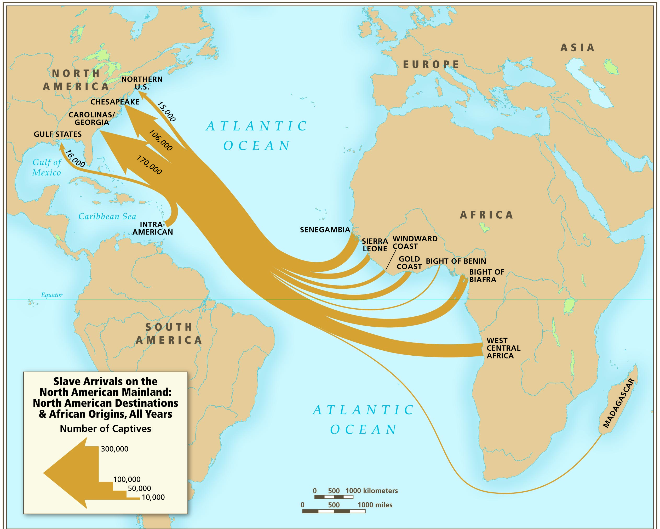 Slave Arrivals on the North American Mainland, map, Atlas of the Transatlantic S