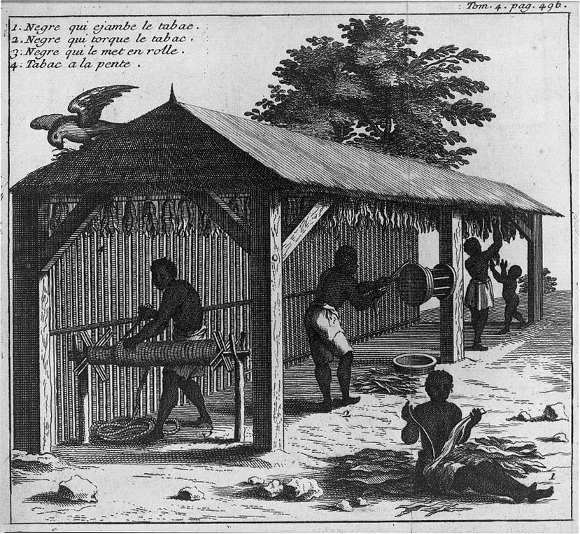 Four people working with harvested tobacco in shed, 1700-1800 (LOC)