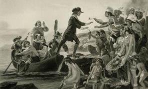 "The Landing of Roger Williams," based on a painting by Alonzo Chappel, published by Johnson, Fry & Co., 1867. (Gilder Lehrman Insitute, GLC08878.0006)