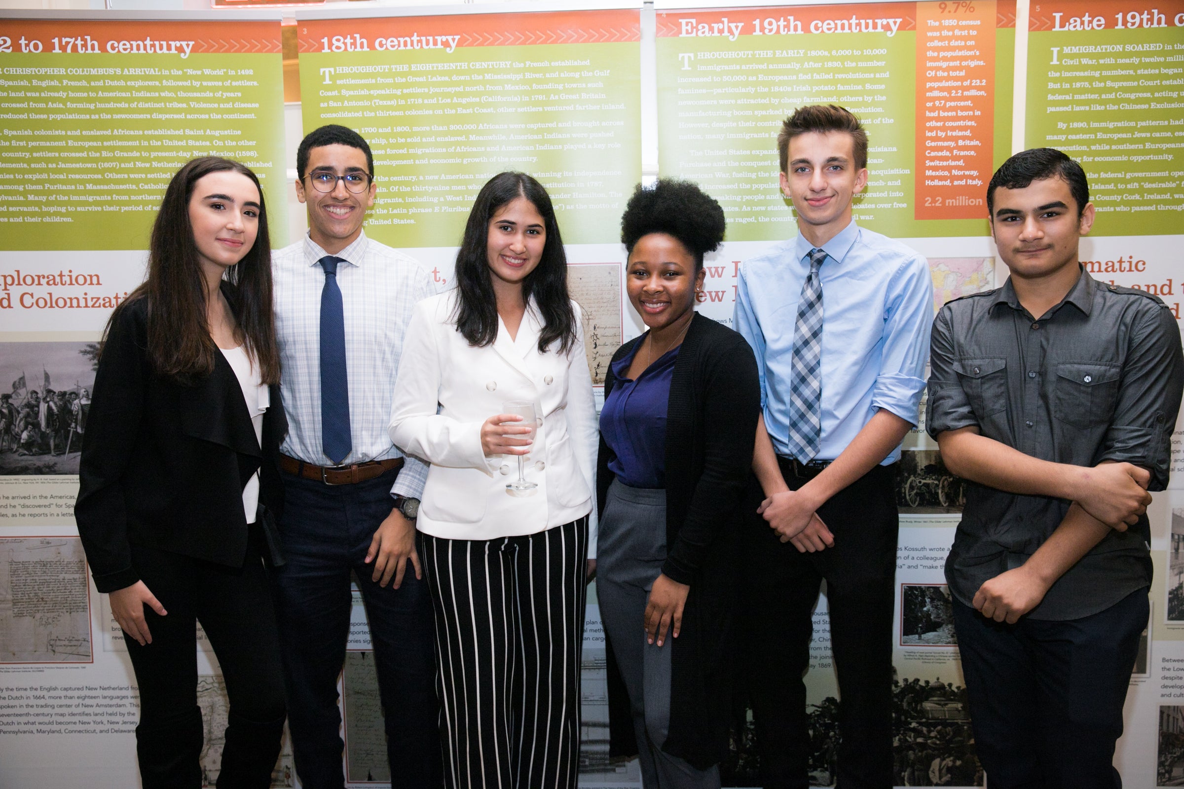 Students from Gilder Lehrman Flagship schools in front of the new Immigration Traveling Exhibition