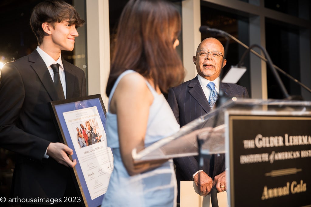 Henry Louis Gates, Jr. is introduced at the 2023 Gala by Gilder Lehrman Student Advisory Council members.