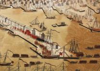 Detail from Paul Revere’s engraving of “A View of Boston . . . and Brittish Ships of War,” depicting the arrival of British soldiers in 1768, published in May 1770. (Gilder Lehrman Collection)