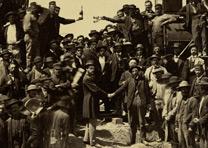 “East and West Shaking Hands at Laying Last Rail,” by Andrew Russell, May 10, 1869. (Gilder Lehrman Collection) “East and West Shaking Hands at Laying Last Rail,” by Andrew Russell, May 10, 18