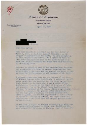 George Wallace to Ms. Martin, April 11, 1964. The name and address of the letter's recipient have been redacted for privacy. (Gilder Lehrman Collection)