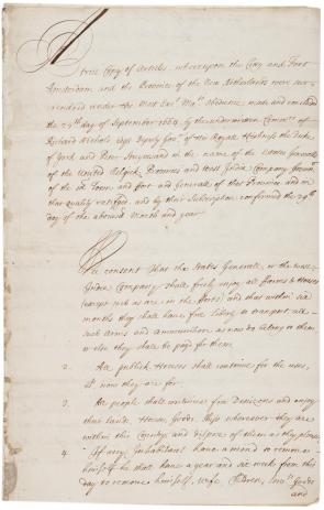 True copy of articles, whereupon .&nbsp;.&nbsp;. the New Netherlands were surrendered, September 29, 1664. (Gilder Lehrman Collection)