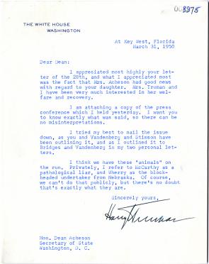 Harry S. Truman to Dean Acheson, March 31, 1950. (GLC00782.22)