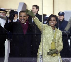 Inaugural Parade. Michelle and Barack Obama watch the parade from the viewi
