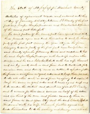 Freedmen’s contract between Isham G. Bailey and freedmen Cooper Hughs and Charles Roberts, Mississippi, January 1, 1867 (Gilder Lehrman Collection)