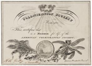 American Colonization Society membership certificate, 1833. (GLC)