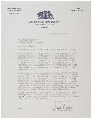 Israel Goldstein to John D. Buchanan, September 13, 1967. (Gilder Lehrman Collec