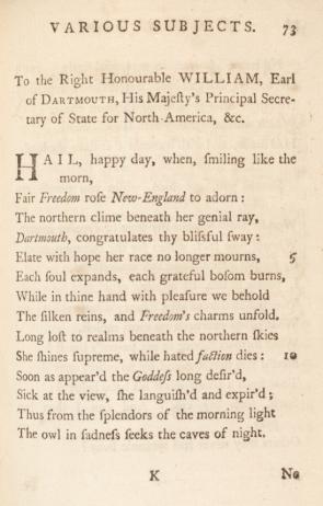 “To the Right Honourable William, Earl of Dartmouth” by Phillis Wheatley, in Poems on Various Subjects, Religious and Moral, London, 1773, page 73. (GLC06154)