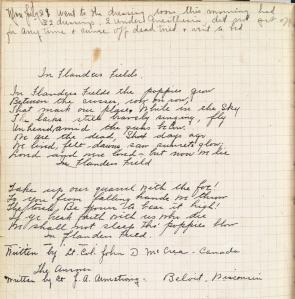 A page from WWI nurse Ella Osborn’s diary in which she wrote out the poem “In Flanders Fields,” July 29, 1918 (GLC06570)