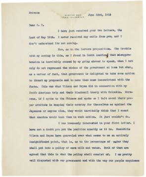 Theodore Roosevelt to Oscar King Davis, June 23, 1915. (Gilder Lehrman Collection)