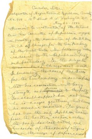 Draft of a circular letter by J. Milton Turner to Republican delegates at the National Convention, May 20, 1880. (GLC09400.133)