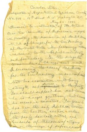 Draft of a circular letter by J. Milton Turner to Republican delegates at the National Convention, May 20, 1880. (GLC09400.133)