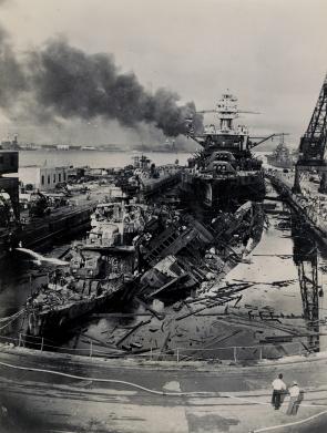 Wreckage of USS Downes and USS Cassin, December 7, 1941. (Gilder Lehrman Colle