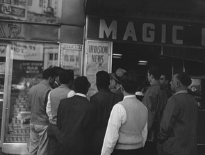 Reading news of the invasion, Times Square, June 6, 1944, US Farm Security Administration/Office of War Information photo (Library of Congress)