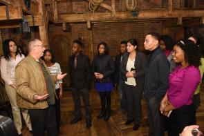 Gilder Lehrman Student Advisory Council members tour the Hamilton stage.