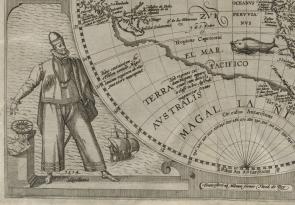 Imaginative depiction of Magellan from a map published in Americae nona & postrema pars, edited by Theodor de Bry (Frankfurt: Apud M. Beckerum, 1602). (Library of Congress Rare Book and Special Collections Division)