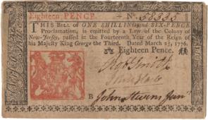 Note of 1 shilling, 6 pence, printed in the colony of New Jersey, 1776. (GLC)