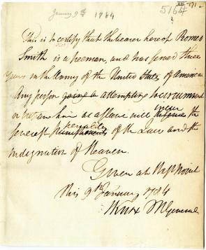 General Henry Knox certifies Romeo Smith's status as a free man, January 9, 1784. (Gilder Lehrman Collection)