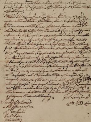 A secret agreement among pirate hunters, signed by Captain William Kidd, 1696. (Gilder Lehrman Collection)