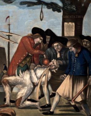 “Bostonian’s Paying the Excise-man” (London: Philip Dawe, 1774). (GLC04961.01)