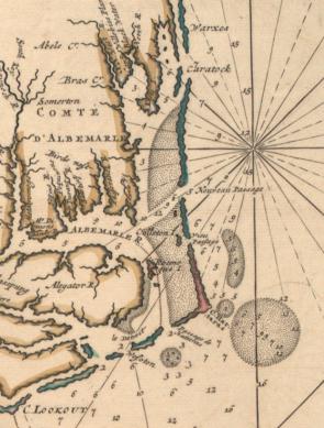 Detail from a seventeenth-century map showing the waters off Cape Hatteras. (Gilder Lehrman Collection)
