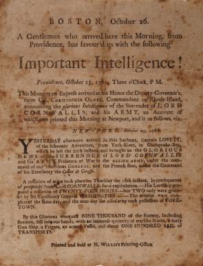 News of the Battle of Yorktown was published in Boston one week after Cornwallis’s surrender. (GLC05504)