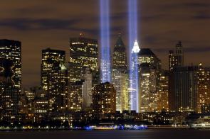 The Tribute in Light in remembrance of the September 11 attacks. Credit: US Air 