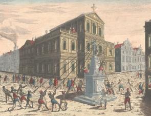 Destruction of the statue of George III in New York, 1776. (GLC)