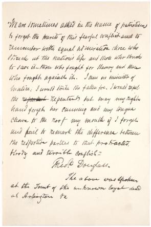 Quote written out by Frederick Douglass (ca. 1880) recalling speech given May 30, 1871, at Arlington National Cemetery. (GLC07926.01)