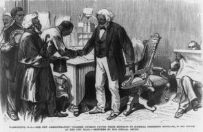Engraving of Frederick Douglass as US Marshal in Washington DC, from Frank Leslie's Illustrated Newspaper, April 7, 1877. (Library of Congress Prints and Photographs Division)
