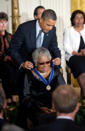President Barack Obama awards the 2010 Presidential Medal of Freedom to Dr. Maya Angelou, 2011. (Official White House photograph by Lawrence Jackson)